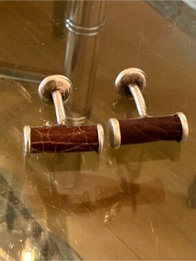 Men's vintage silver Ralph Lauren Brown Leather CRoc Bar Cufflinks